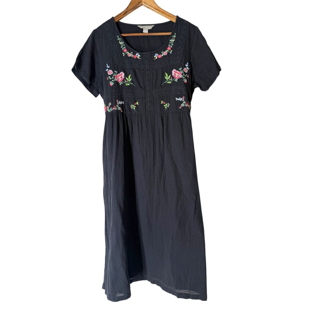 April Cornell Black Gauzy Dress Womens Sz M Floral Embroidered Boho COTTON